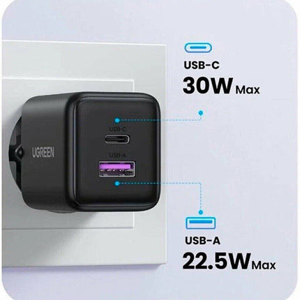شاحن سريع UGREEN بقوة 30 واط، منفذين، بتقنية GaN، متعدد الألوان / X516