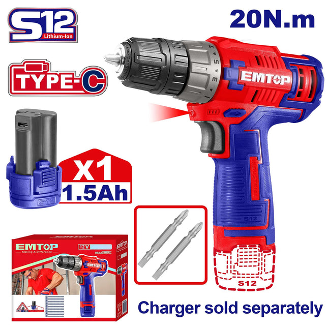 مثقاب EMTOP اللاسلكي ببطارية ليثيوم أيون 12V