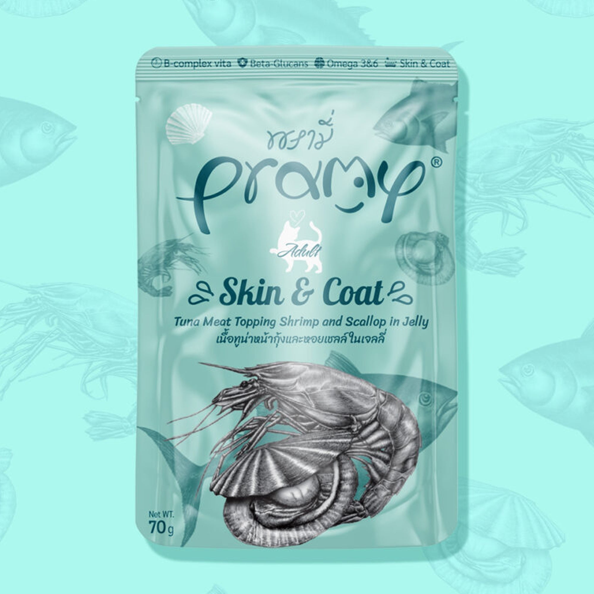 Pramy Skin & Coat Tuna topping Shrimp and Scallop in Jelly Recipe 70g |
