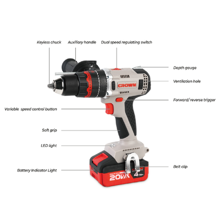 Cordless Hammer Drill 20V 13mm with Metal Chuck from CROWN (CT21093XMS-4 BMC)