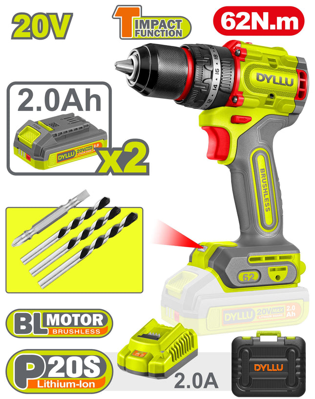 62 Nm 20V Cordless Drill, Iron Nut, Two 2Ah Batteries DTCDP6281