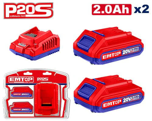 طقم  بطاريتان مع شاحن سريع متوافق مع أدوات P20S | EMTOP 
 ELBCPK1222  20V | EMTOP