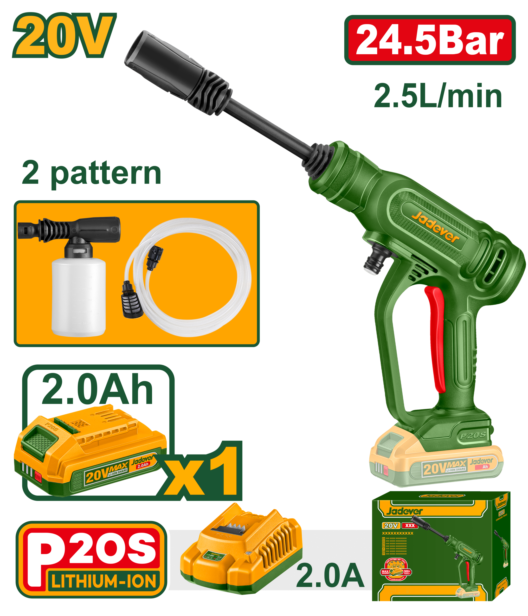 JADEVER Cordless Pressure Washer 20V - 24.5 Bar, Portable High Pressure Cleaner with Battery & Foam Bottle (JDQX01203)JDQX01203 | JADEVER
