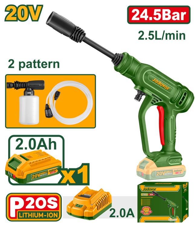 JADEVER Cordless Pressure Washer 20V - 24.5 Bar, Portable High Pressure Cleaner with Battery & Foam Bottle (JDQX01203)JDQX01203