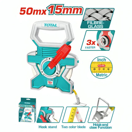شريط قياس فيبر  بطول 50 متر – كركر سريع وعملي Total TMTF18506
