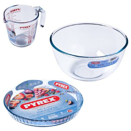 Pyrex 3-piece set: 28cm ribbed cake pan, 21cm mixing bowl, and 0.5L measuring cup 