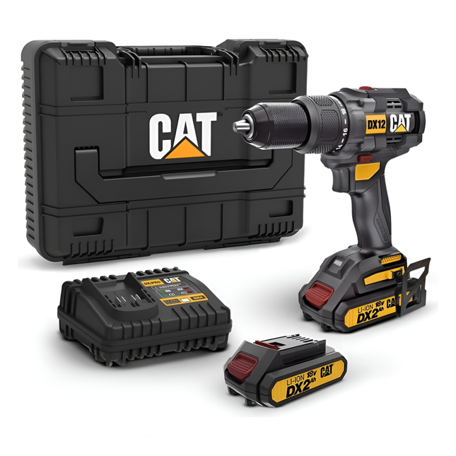 DX12 Cordless Drill with Hammer, 18V, with Two 4Ah Batteries, 13mm Caterpillar 