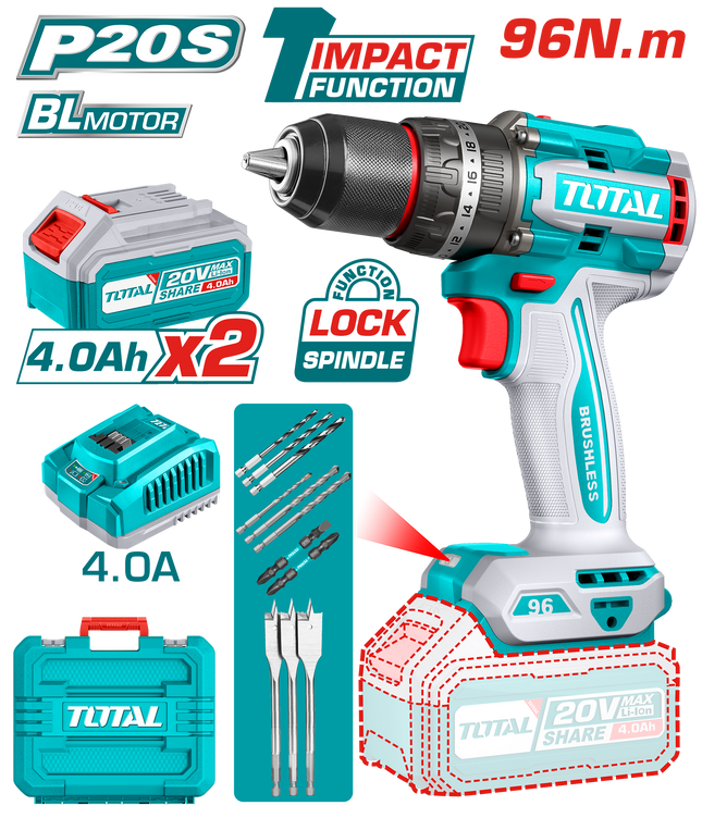 درل شحن بدون فحمات 96 نيوتن متر توتال 20V (TIDLI20968)