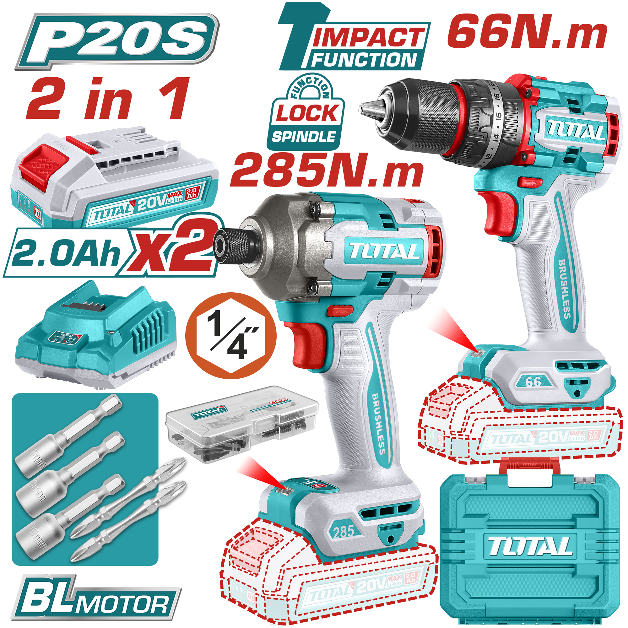 طقم درل ودرل مفكات توتال 20V بدون فحمات مع ملحقات | Total طقم درل ودرل مفكات توتال 20V بدون فحمات مع ملحقات | Total