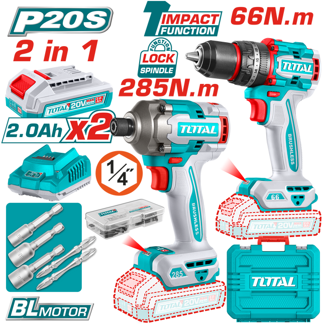 طقم درل ودرل مفكات توتال 20V بدون فحمات مع ملحقات