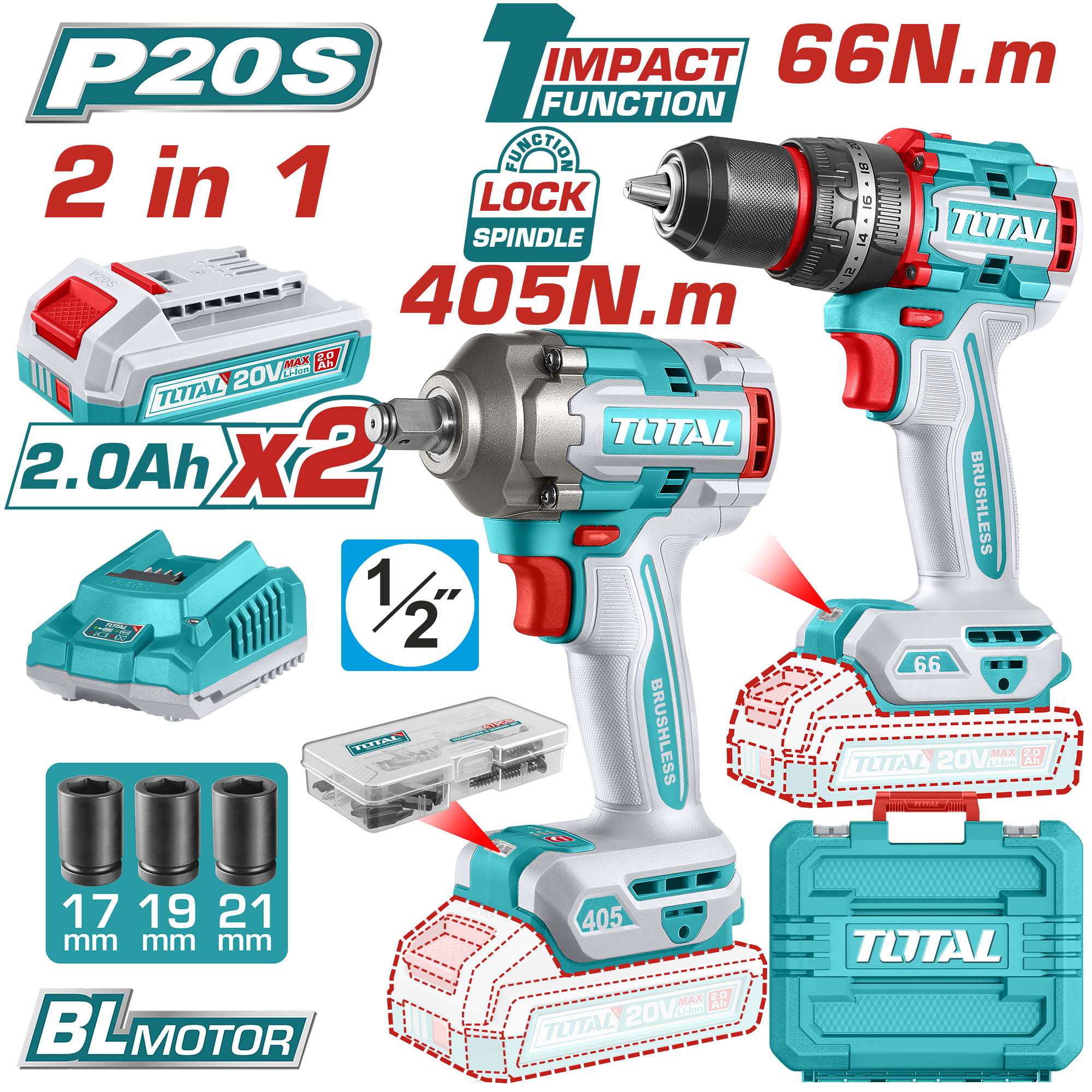 Total 20V 2-Piece Charging Kit - Brushless Drill & Impact Wrench with 2 Batteries (TCKLI20286) | Total