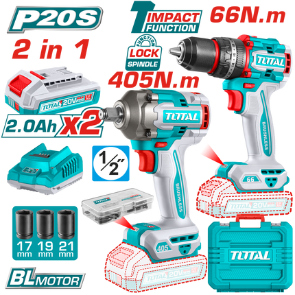 Total 20V 2-Piece Charging Kit - Brushless Drill & Impact Wrench with 2 Batteries (TCKLI20286)