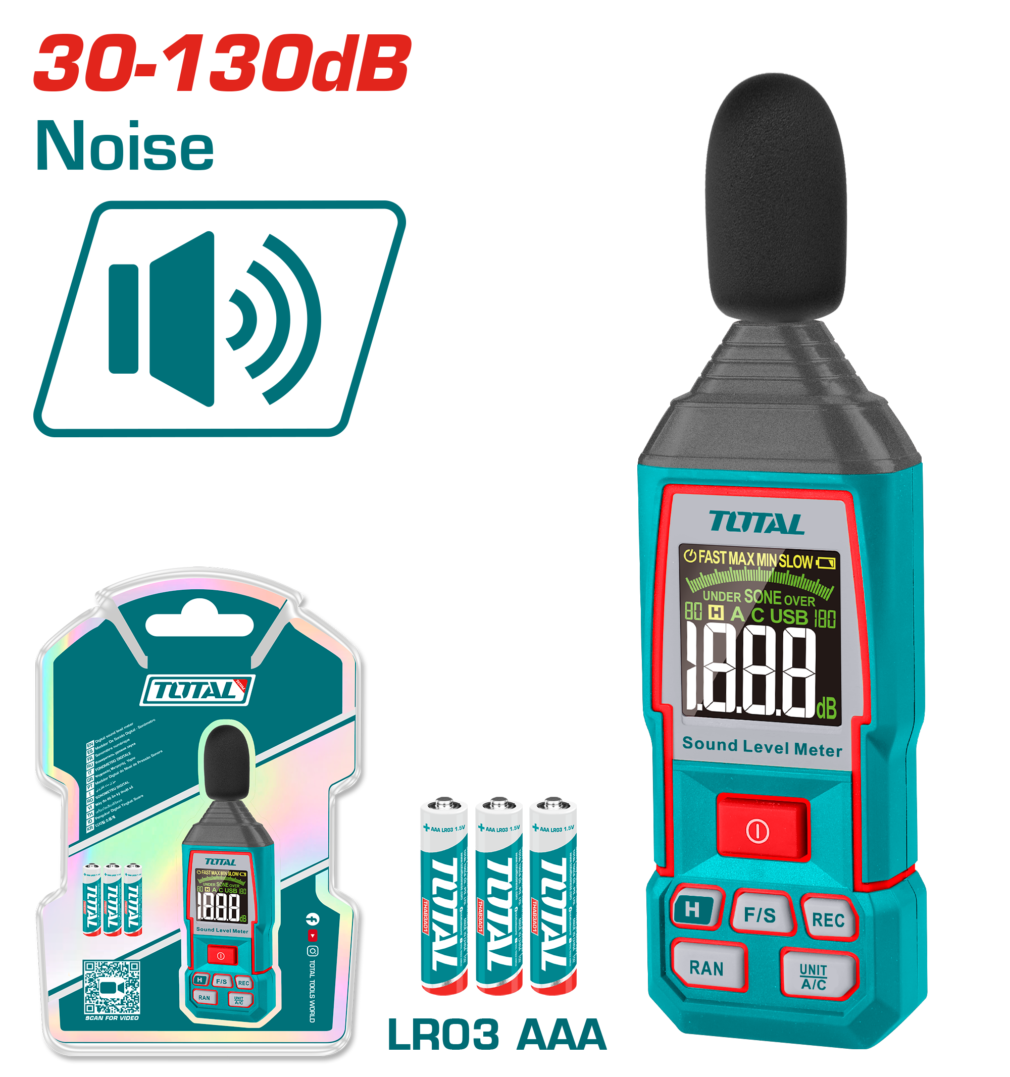 جهاز قياس مستوى الصوت TOTAL 30-130dB بدقة عالية وشاشة مضيئة | Total