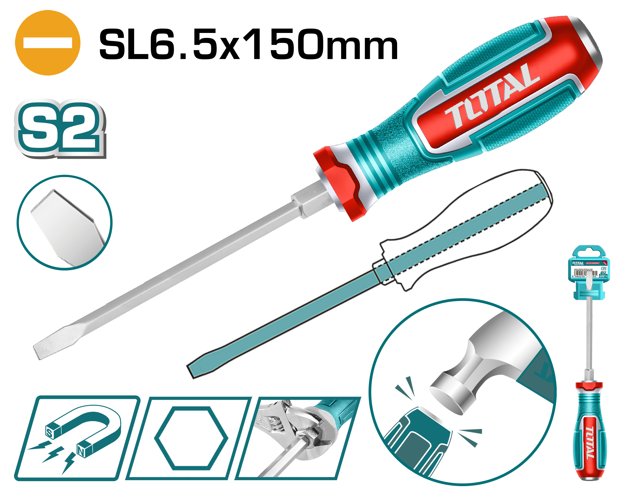 TOTAL Magnetic Slotted Impact Screwdriver SL6.5×150mm – TGTSL6150 | Total