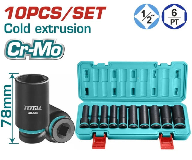 Total THKISD12102L 10-Piece 1/2-inch Black Long Socket Set