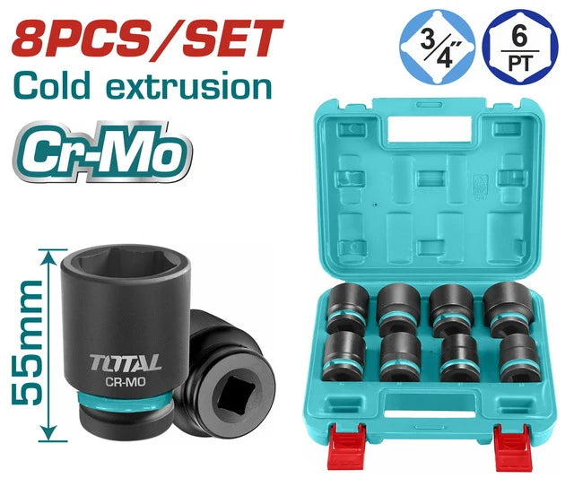 3/4 inch Black Socket Set, 8 pieces, sizes 26-38 mm Total THKISD34081