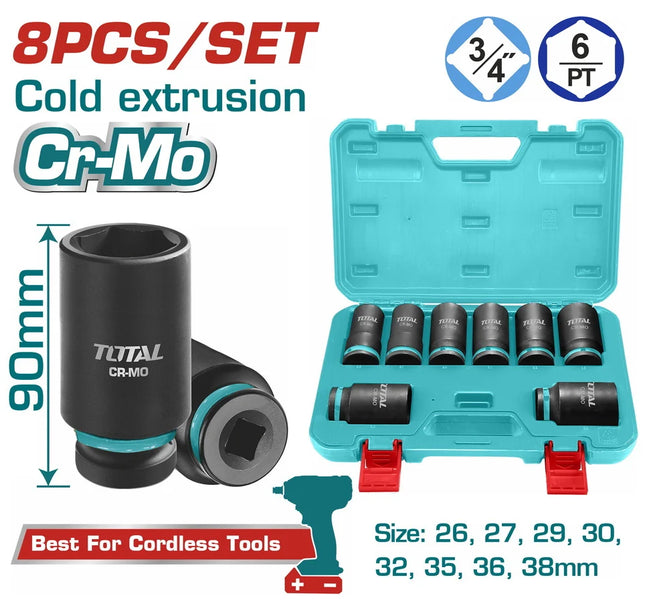 Total THKISD34082L 8-Piece 3/4" Long Black Socket Set (26-38mm)