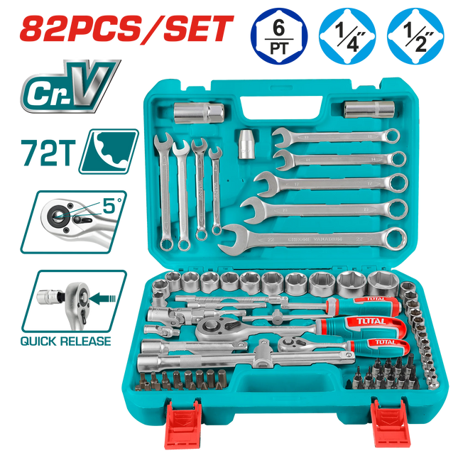 Socket Set with 1/2+1/4 Inch Ratchet 82 Pcs Total THT421802