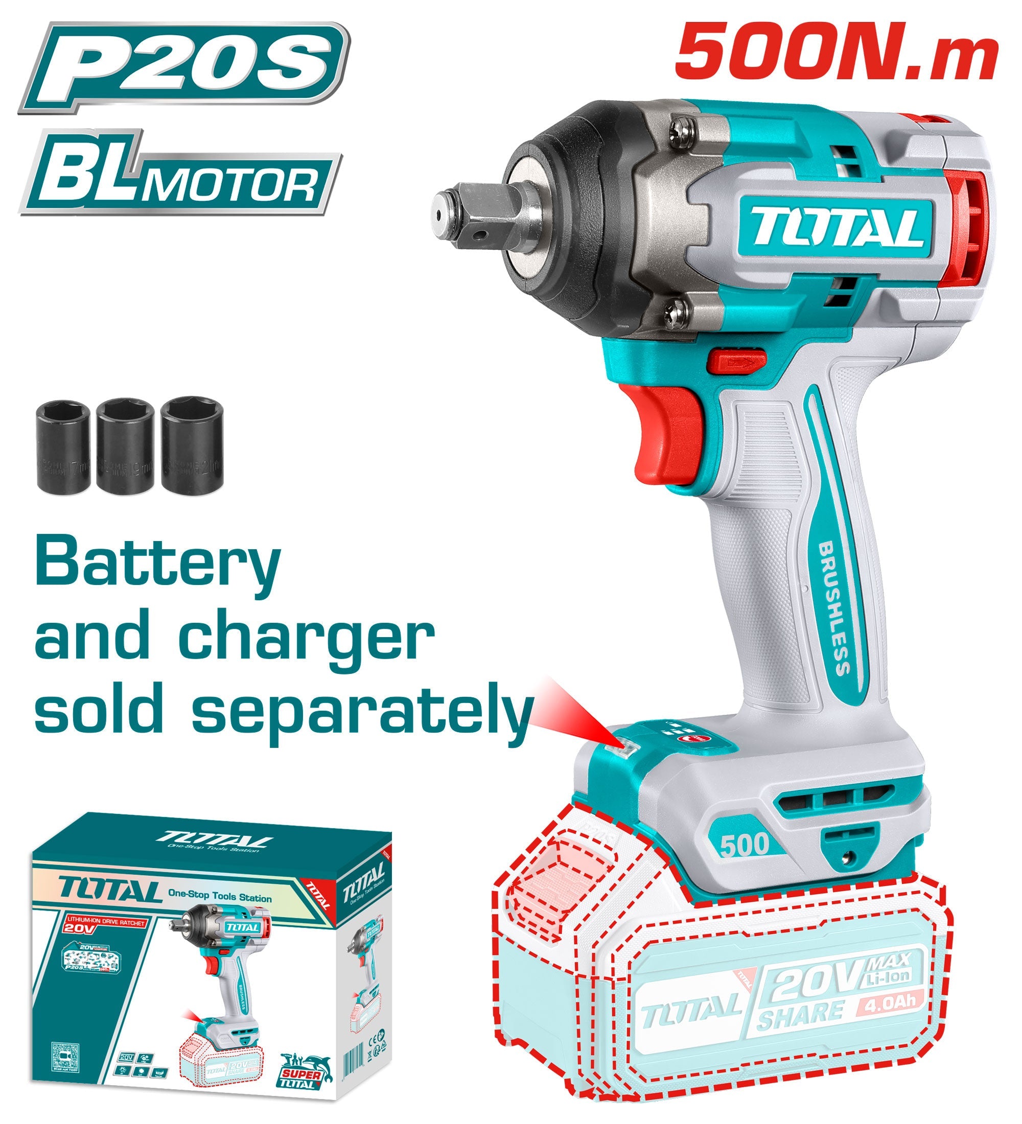 مفتاح العزم اللاسلكي توتال 20V - 500Nm، بدون بطارية أو شاحن | Total