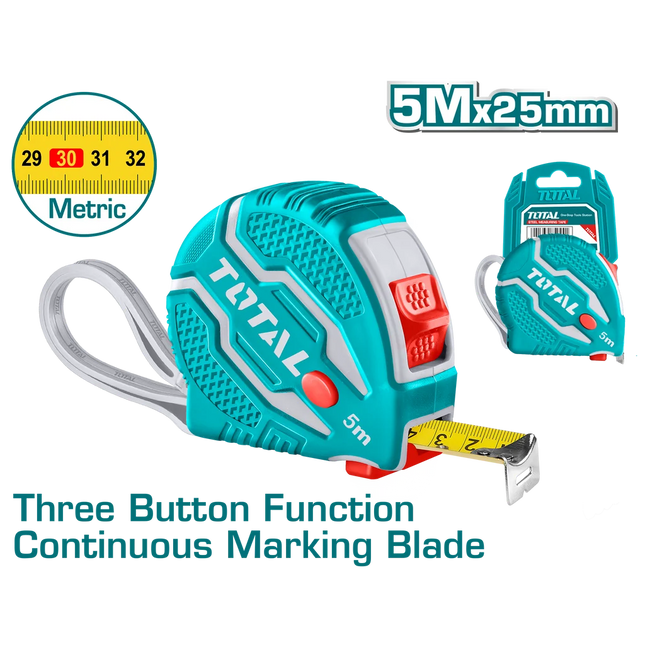 Measuring tape, steel, 5 meters long and 25mm wide – durable rubber design Total TMT126052M