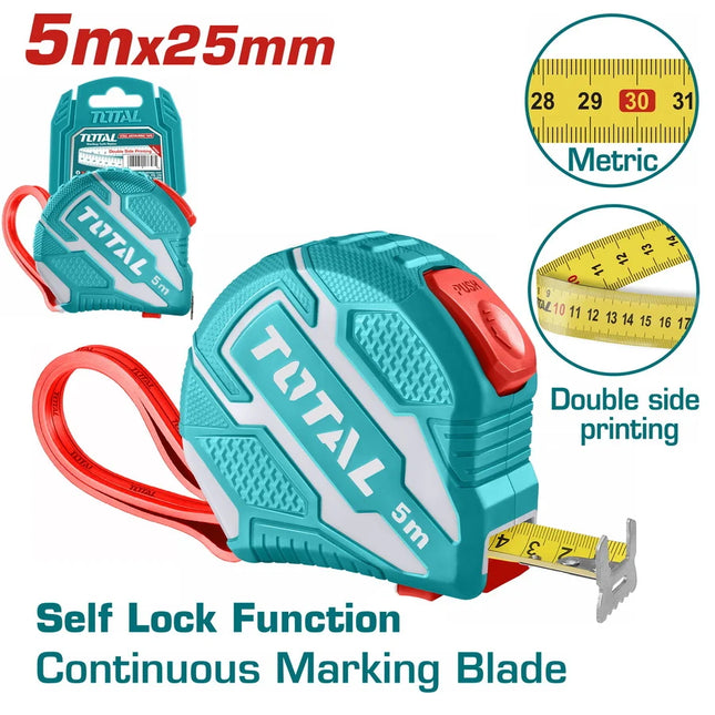 Measuring Tape, Steel, 5m Length, 25mm Width - Self-Locking System Total TMT126252M