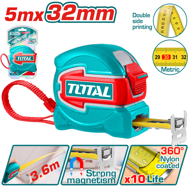 5m Steel Measuring Tape, 32mm wide - Extra Heavy Duty with a 3.6m Standout Total TMT80532MT
