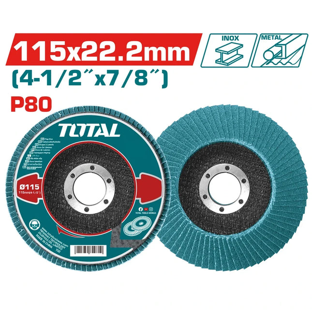 دسك صنفرة مروحي زركونيوم 115 ملم*22.2 ملم(4-1/2''*7/8''), P80 - توتال
