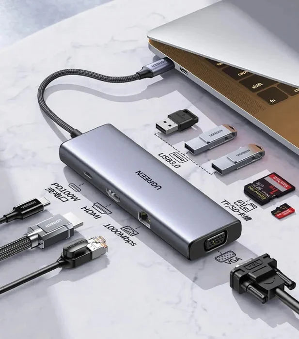 15600 / UGREEN USB-C إلى 3*USB 3.0 A + HDMI 4K@30Hz + VGA + RJ45 + SD/TF + PD محول متعدد الوظائف