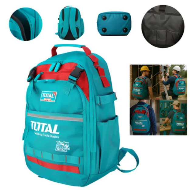 TOTAL Tools Backpack - Heavy Duty Design, Waterproof Hard Base, Multiple Inner Pockets, Padded Shoulder Straps