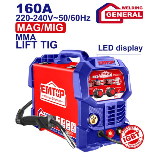 ماكينة لحام انفيرتر إمتوب (EMTOP) موديل 160 أمبير (EMGT1652) - متعددة الوظائف 4 في 1 (MIG/MAG/MMA/TIG)