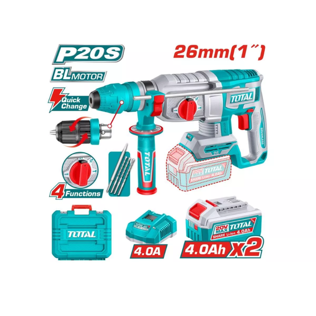 Total 20V Cordless Brushless Rotary Hammer with 2.5J Impact Energy, Keyless Chuck, and two 4.0Ah Batteries