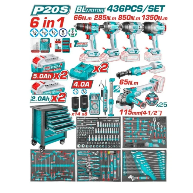 Total 436-Piece Integrated Tool and Equipment Cabinet with Cordless Power Tools, 7 Drawers, and Complete Workshop Accessory Set, Model THPTCS84362