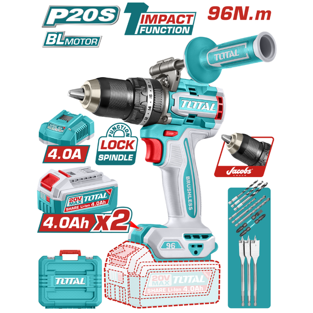 Total Cordless Brushless Impact Drill 20V, 96Nm Torque, with 2x 4Ah Batteries for Heavy Duty Tasks, Model TIDLI209686