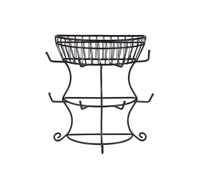 GOURMET BASICS BY MIKASA FRENCH COUNTRYSIDE METAL MUG TREE WITH STORAGE BASKET, ANTIQUE BLACK, 14.75-INCH - 5154681