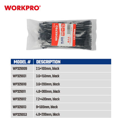 Cable tie, 400*7.2mm, 100 pcs, Workpro (WP329012)