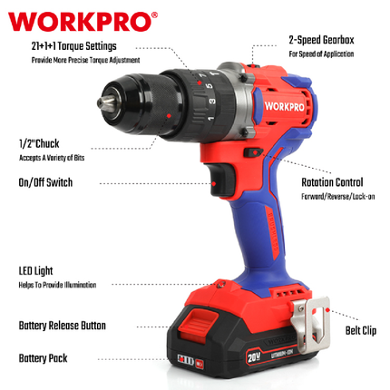 WorkPro 13mm Brushless Cordless Drill (WP390007)