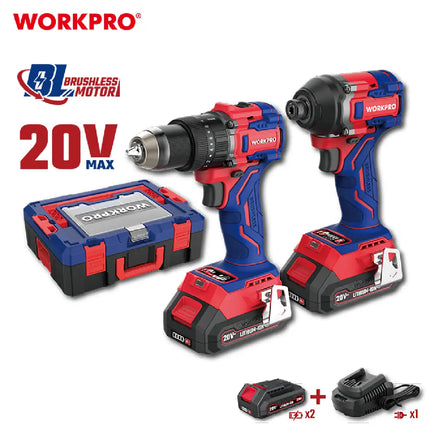 20V 65Nm Cordless Drill Set with 450Nm Impact Wrench, Two 4Ah Batteries and Charger from WorkPro (WP398000)