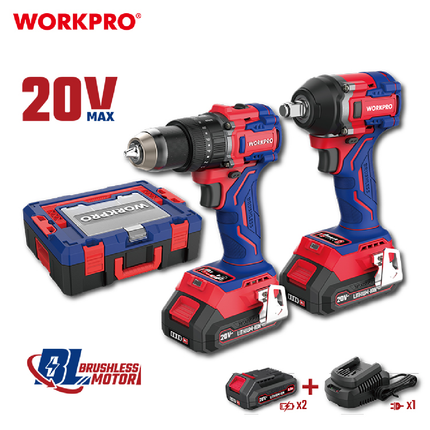 WORX PRO (WP398003) 20V 65Nm Cordless Drill Kit with 550Nm Impact Wrench, Two 4Ah Batteries, and Charger