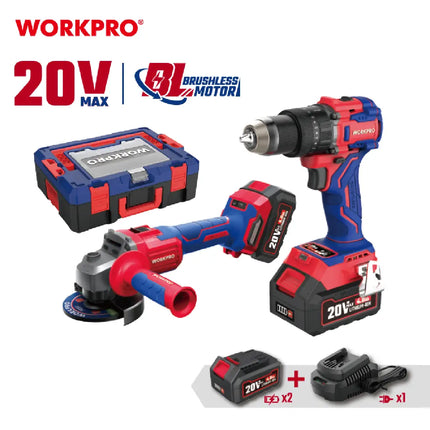 WORKPRO 20V 65Nm Cordless Drill Kit with 4.5 Inch Angle Grinder, 2x 4Ah Batteries and Charger (WP398003)