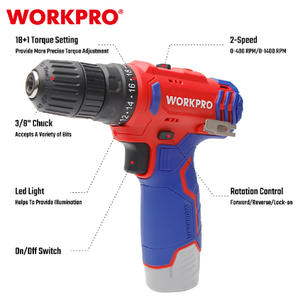 12V Cordless Drill Driver (Tool Only) by WorkPro (WP460202)