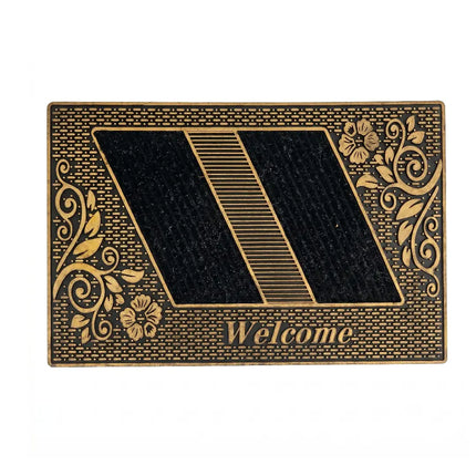 دواسة أرجل ترحيبية باللون الأسود والذهبي المعتق مع عبارة Welcome - ممسحة باب فخمة بنقوش أزهار جانبية