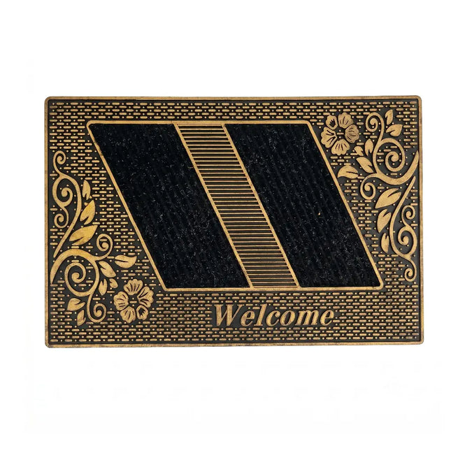 دواسة أرجل ترحيبية باللون الأسود والذهبي المعتق مع عبارة Welcome - ممسحة باب فخمة بنقوش أزهار جانبية