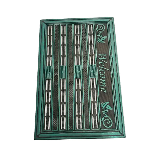 دواسة أرجل مودرن للمداخل باللون الأخضر الفيروزي والأسود مع عبارة Welcome - ممسحة باب مطاطية مفرغة مضادة للانزلاق