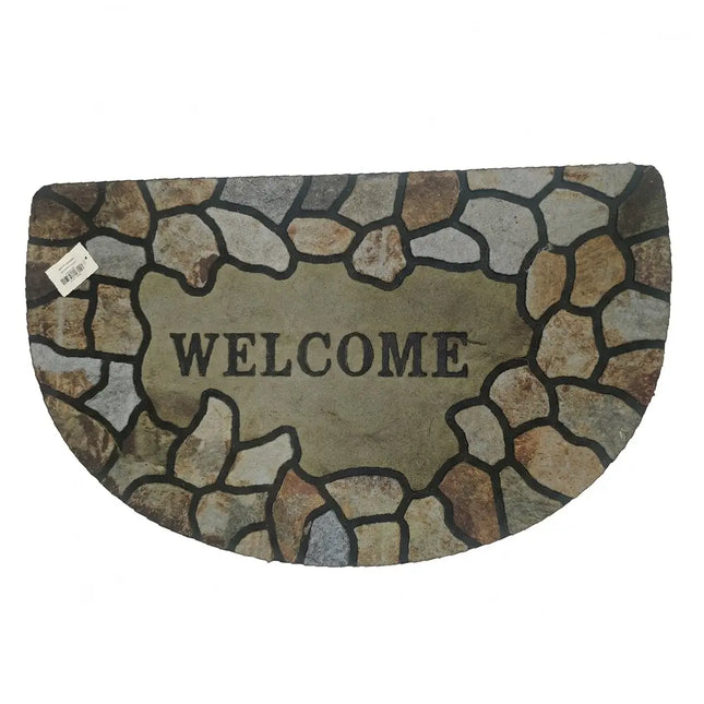 دواسة أرجل نصف دائرية للمداخل بتصميم رصف حجر طبيعي وعبارة Welcome - ممسحة باب مطاطية متينة مضادة للانزلاق