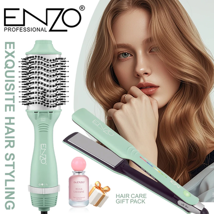 بكج العروسة للعناية بالشعر 2 بـ 1 ستريتنر وفرشاة سشوار مع هدية ماركة ENZO