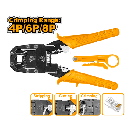مكبس راسيات RJ45 انكو 8 إنش 4P 6P 8P بتصميم مريح ثلاث وظائف كبس وتجريب وقطع من INGCO