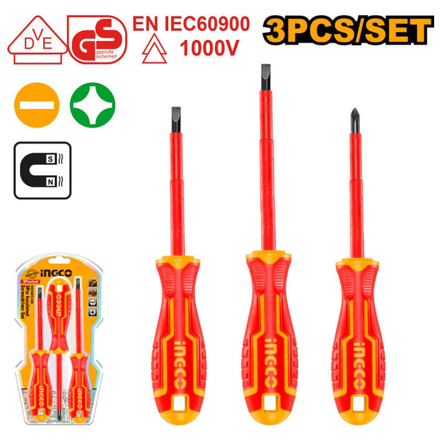 INGCO 3-piece insulated screwdriver set, 100-125mm length, 1000V voltage resistance, ergonomic design.