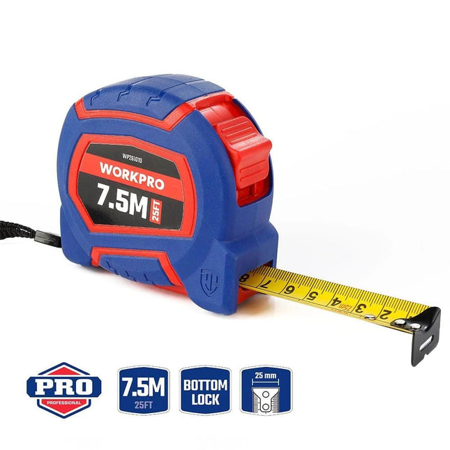 متر قياس WORKPRO بطول 5 أمتار و7.5 أمتار مغطى بالنايلون
