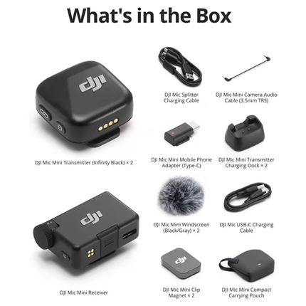 ميكروفون DJI Mic Mini لاسلكي 2TX+1RX – مايك احترافي للموبايل والكاميرا بعزل ضوضاء ومدى 400 متر