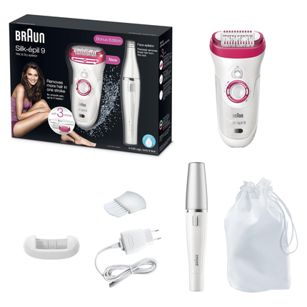 ماكينة براون 2 في 1 لإزالة الشعر مع ماكينة خاصة للوجه و3 رؤوس إضافية ماركة Braun Silk-épil 9